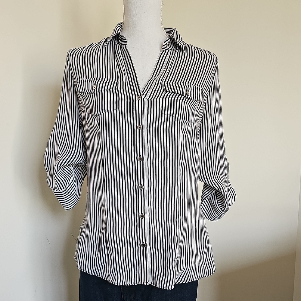 WHBM Black and White Striped Button-Up Blouse